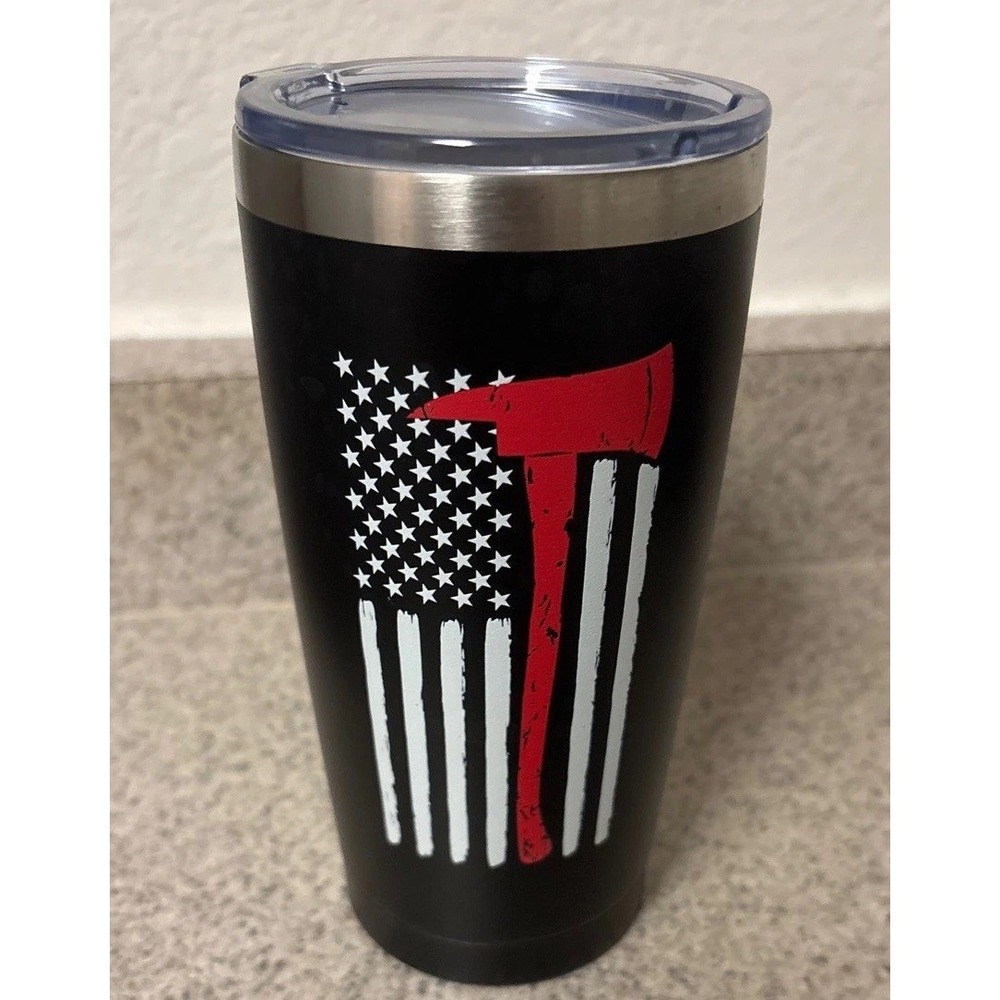 Firefighter Thin Red Line Axe American Flag Insulated Tumbler Black 20oz Mug